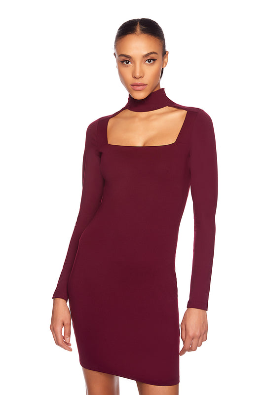 open front mock neck long sleeve dress